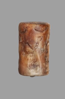 Cylinder seal with a presentation scene and a cuneiform inscription, unknown Akkadian workshop;