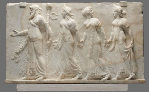 Relief with Dionysus and the Horae, unknown Roman workshop. Rectangular slab cracked in several