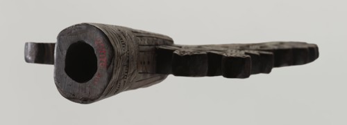 Processional cross, Ethiopian workshop. The pear-shaped frame depicts Christ on the cross and John