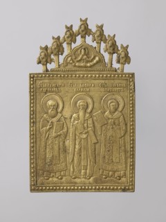 Icon: Holy Fathers of the Church. Old Believers workshop. Metal icon showing Saints Gregory the