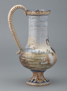 Jug on a leg, Jug with a bulging belly on a leg, with an elongated neck ending in a profiled,