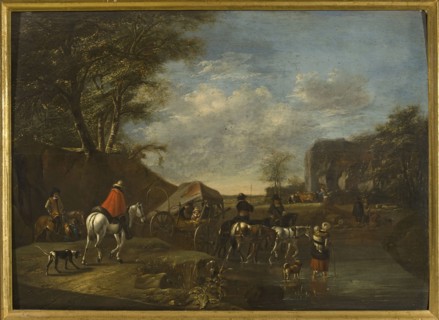 Crossing the River, unknown painter Dutch, 17th/18th century, painting, oil on panel, height 47 cm,