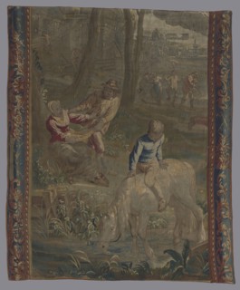 Tapestry, In the foreground a boy on a horse on the river bank; in the background dancing peasants