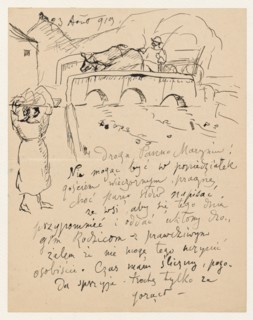 Letter to Maria Mickiewiczówna with a drawing view of the bridge in Espaly, Makowski, Tadeusz
