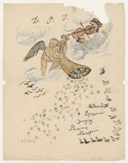 Name day card for Maria Mickiewiczówna, with a drawing of an angel pouring flowers from a
