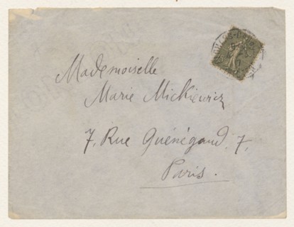 Envelope of a letter to Maria Mickiewiczówna, addressed to Maria Mickiewicz 1868–1952; author:
