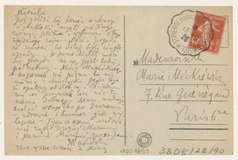 Postcard to Maria Mickiewiczówna by Tadeusz Makowski 1882–1932; postcard, manuscript letter;