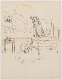 Letter to Maria Mickiewiczówna with the drawing lundi apres l'operation Makowski lying in bed with