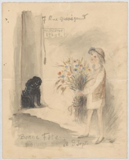 Name-day card for Maria Mickiewiczówna with a drawing of a girl with a bouquet of flowers and a