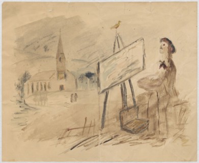 Letter to Maria Mickiewiczówna with a drawing: self-portrait of the artist at an easel outdoors