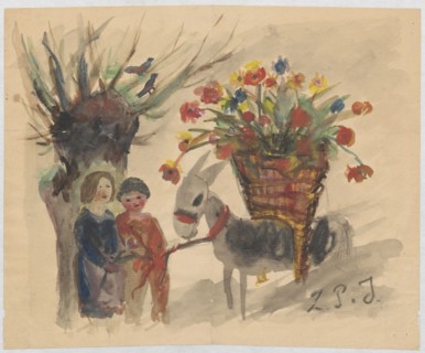 Name day card for Maria Mickiewiczówna with a drawing of two children leading a donkey with a large