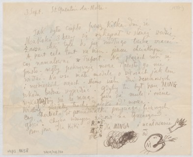 Letter to Maria Mickiewiczówna with a drawing self-portrait of the artist bathing in the sea,