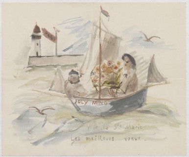 Name day card for Maria Mickiewiczówna with a drawing of the artist's self-portrait in a boat, with
