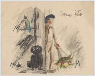 Name day card for Maria Mickiewiczówna with a drawing of the artist's self-portrait standing in the