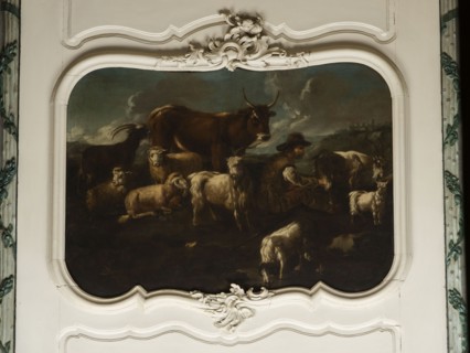 Shepherd's Scene with a Shepherd Milking a Goat. The overall tones are browns and dark blues. The