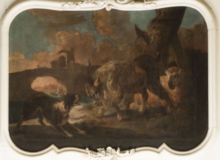 A dog scene with a dog barking at a goat, Roos, Philipp Peter 1657-1706 painter. The general tone