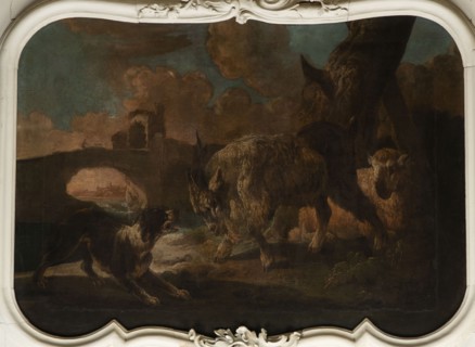 A dog scene with a dog barking at a goat; general tone of light browns and shades of pink with