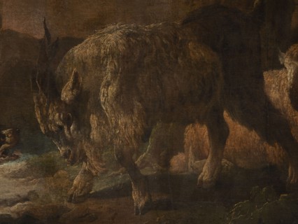 A dog scene with a dog barking at a goat, Roos, Philipp Peter 1657–1706 painter. The general tone