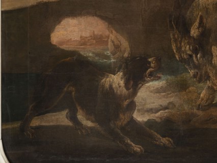 A dog scene with a dog barking at a goat, Roos, Philipp Peter 1657–1706 painter. The general tone