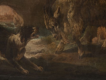 A dog scene with a dog barking at a goat; artist: Philipp Peter Roos 1657–1706. The general tone of