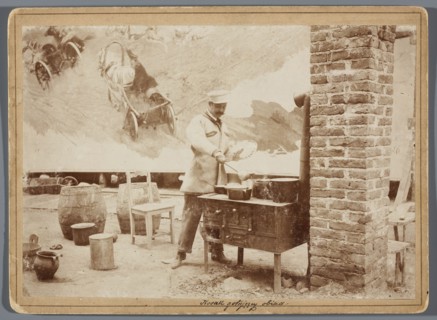 Painting the Raclawice Panorama: Wojciech Kossak with a palette in his hand cooking dinner, in a