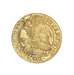 Gdansk ducat. Maker: Filip Klüwer fl. 1588–1601, mintmaster co-creator. Obverse inscription: