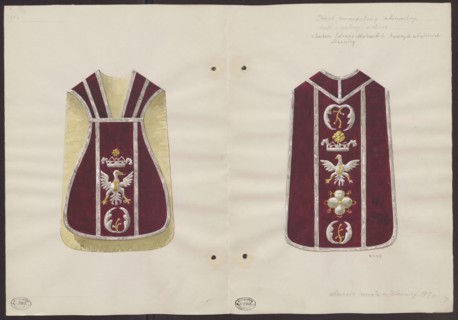 Siennica Masovian Voivodeship. A violin chasuble made of red velvet, with silver braid and earlier