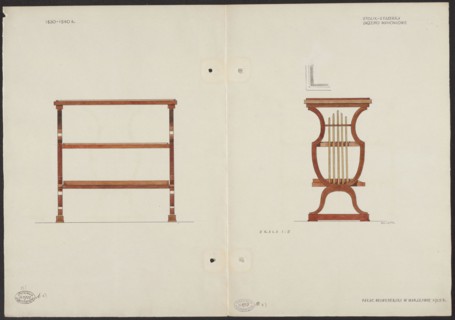 Mahogany table-etagère from the furnishings of the Belweder Palace, front and side views scale 1:5.