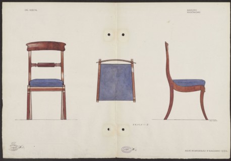 Mahogany chair from the furnishings of the Belweder Palace in 1915 — front, top and side views in a