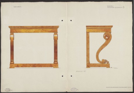 Ash wood console from the furnishings of the Belweder Palace, front and side views in a scale of