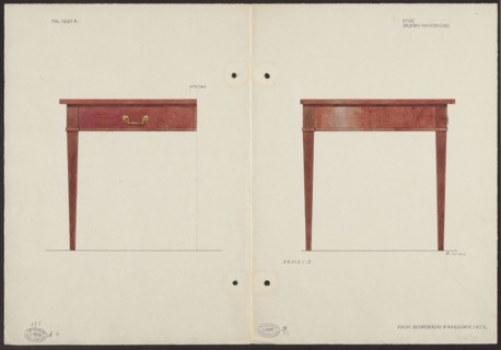 Mahogany table from the furnishings of the Belweder Palace, front, half and side views at scale