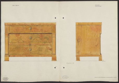Ash wood chest of drawers from the furnishings of the Belweder Palace in 1915 — front and side
