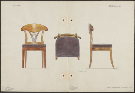A birch wood chair from the furnishings of the Belweder Palace in 1915 — front, top and side views