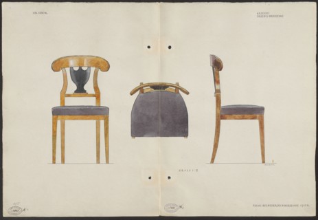 A birch wood chair from the furnishings of the Belweder Palace in 1915 — front, top and side views
