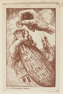A depiction of a hand putting a coin into a purse with the inscription FOR THE COMMUNICATION CENTRE