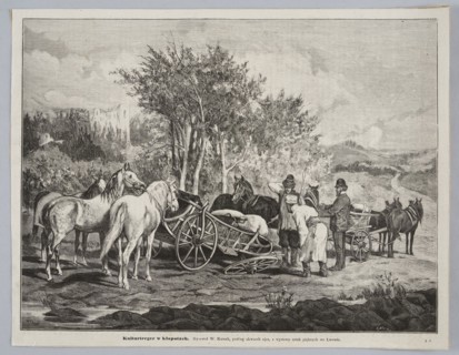 Kulturtreger in trouble — after a watercolor by Juliusz Kossak; creators: Juliusz Kossak 1824–1899,