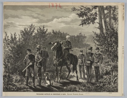 Placing hunters in positions in the forest; painting; engraving reproduction; Wojciech Kossak