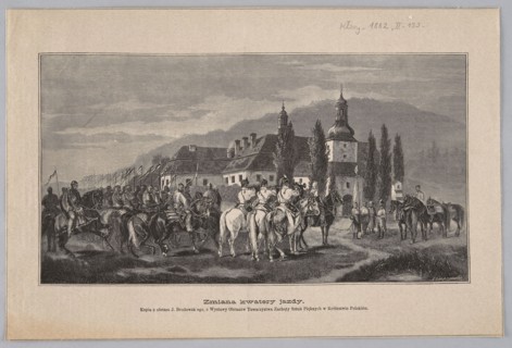Reproduction of a painting: Brodowski, Józef 1828-1900, Change of cavalry quarters; woodcut by