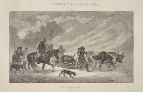 Reproduction of a painting: Józef Brodowski 1828–1900, Return from the Hunt; woodcut reproduction
