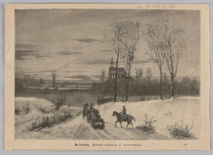 At the midnight mass; 1880. Woodcut illustration by Jarmuzynski, J., after Feliks Brzozowski