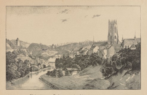 Suspension bridge in Freiburg, Switzerland; illustration by Feliks Brzozowski 1836–1892, 1891;