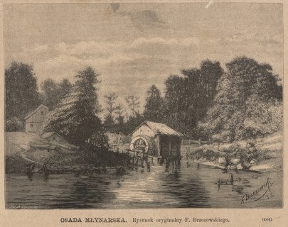 Mill settlement; woodcut illustration after Feliks Brzozowski, woodcut artist Julia Krajewska;