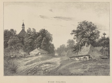 Polish village; illustration of village cottages and village church; painting/graphic reproduction;