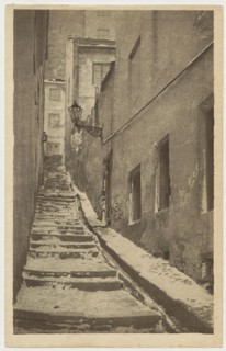 Warsaw. Old Town - Stone Stairs, St. Adalbert's Printing and Bookstore; Polish Society of Railway