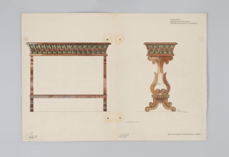 Mahogany jardiniere, Warsaw product by Jan Jakub Simmler — side and front views in a scale of 1:5,