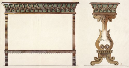 Mahogany jardiniere, Warsaw product by Jan Jakub Simmler — side and front views in a scale of 1:5;