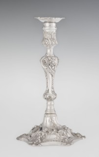 Single-candle candlestick by William Cafe fl. 1757–ca. 1802, silver, rococo George II style,