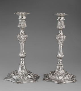 Single-candle candlestick by William Cafe fl. 1757–ca. 1802, rococo; silver. Rocaille ornament;
