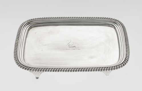 Tray on legs by William Bennet fl. 1796–1825, goldsmith. Tray on four legs in the form of stylised