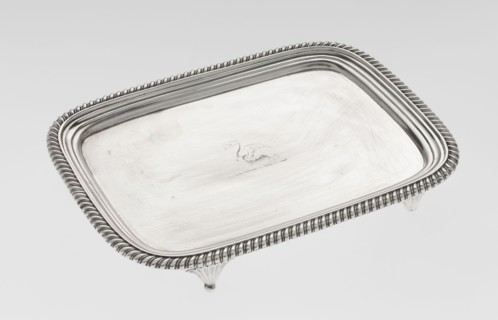 Tray on legs by William Bennet fl. 1796–1825, goldsmith. Tray on four legs in the form of stylised